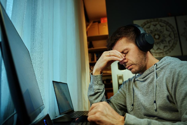 Zmęczony specjalista IT w słuchawkach, siedzący przy komputerze, odczuwający stres po cyberataku ransomware.