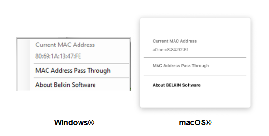 Zrzut ekranu pokazuje program Belkin Dock Utility na systemie Windows i MacOS.