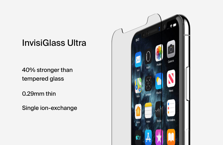 Belkin InvisiGlass Ultra – szkło ochronne do iPhone’a, 40% mocniejsze od szkła hartowanego, grubość 0,29 mm, technologia pojedynczej wymiany jonowej.